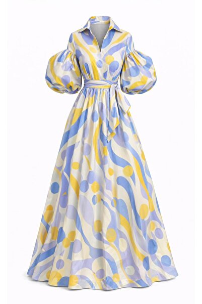 ALYEL NAKER فستان قميص ماكسي منقوش من البروكار مع تفاصيل أكمام بالون وحزام