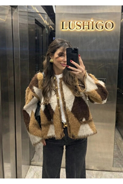 LUSHİGO Kadın Kare Desenli Sakallı Şık Düğmeli Yumoş Triko Hırka