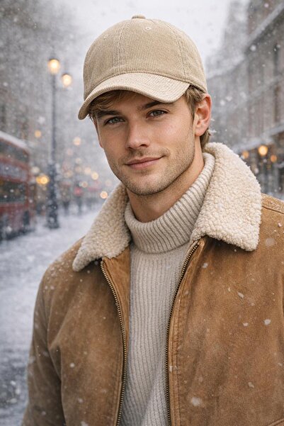 MARBERRY Beige Velvet Corded Fabric Men's Cap Hat