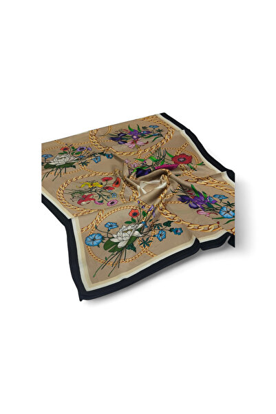 PİRAMİT Vual Silk Shawl with Flower Chain Pattern Gold Black