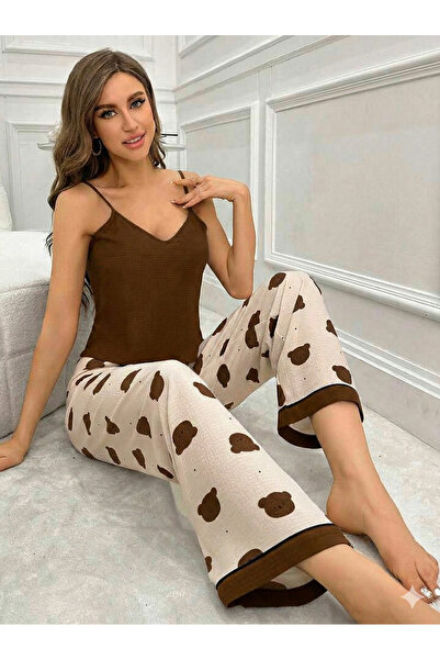 Biraltı Moda Kadın İnce Askılı Desenli Pijama Takımı
