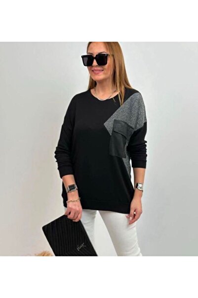 Triko bluz deri kumaş cep detaylı