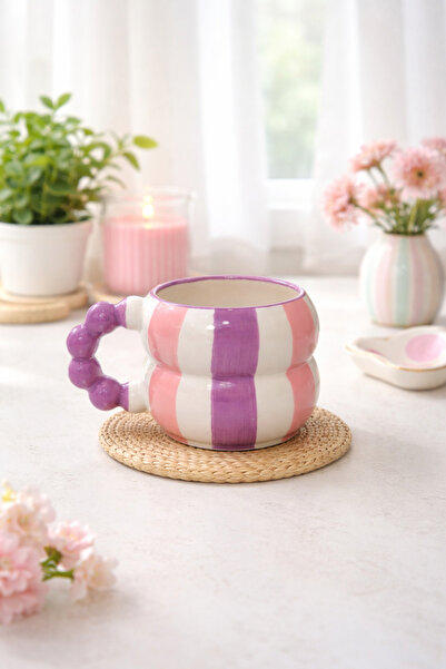 SırART Boncuk Kulp MOR - PEMBE ŞERİT DESENLİ Özel Tasarım Tamamıyla El Yapımı...