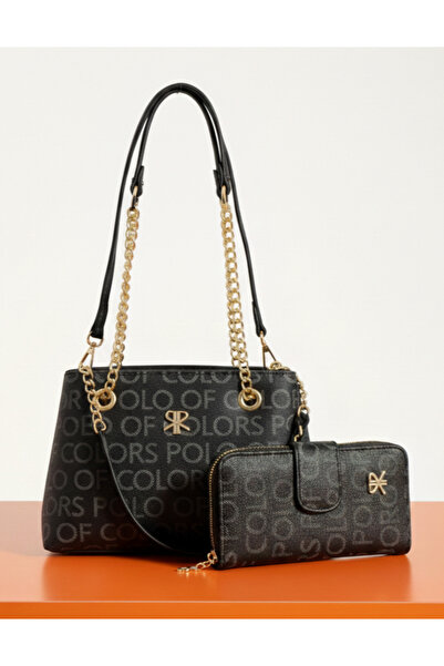 H&D COLLECTİON Polo of Colors Women's Black Printed 4-Compartment Shoulder an...