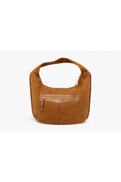Tasarım Women's Tan Suede Shoulder Bag – Casual Bag with Knitted Detail