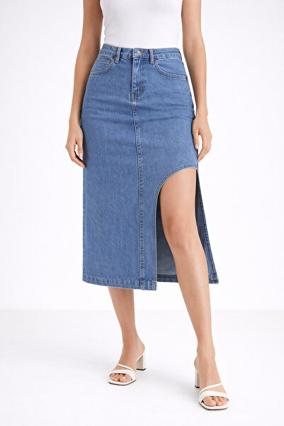 Lighter Jeans Γυναικεία μίντι φούστα τζιν με ψηλόμεσο σκίσιμο μπροστά σε μεσα...