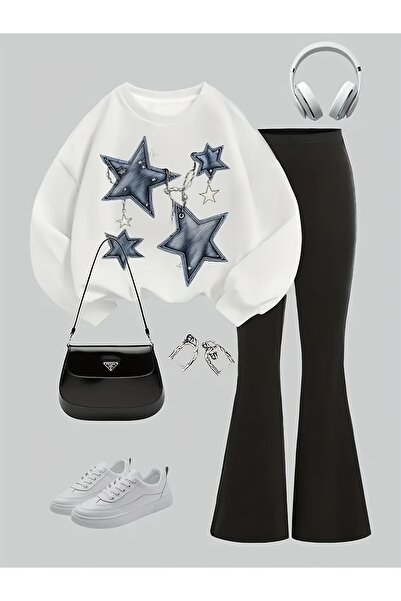 buendiakids Kız Çocuk Beyaz-Siyah\Kot Yıldızlar Baskılı Bisiklet Yaka İspanyo...