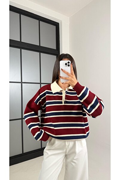 modayaselam Striped Shirt Collar Knitwear Sweater
