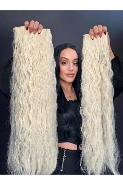 Suzan Peruk Platin Kıvırcık Yarımay +2 yan çıtçıt saç ^3 parça tam set-Fönlen...