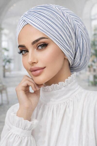 Aişe tesettür Λευκό μπλε ριγέ καπέλο με κορδόνι περίσφιξης