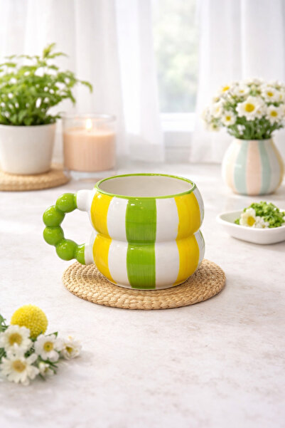 SırART Bead Handle Yellow - Green Striped Patterned Special Design Completely...