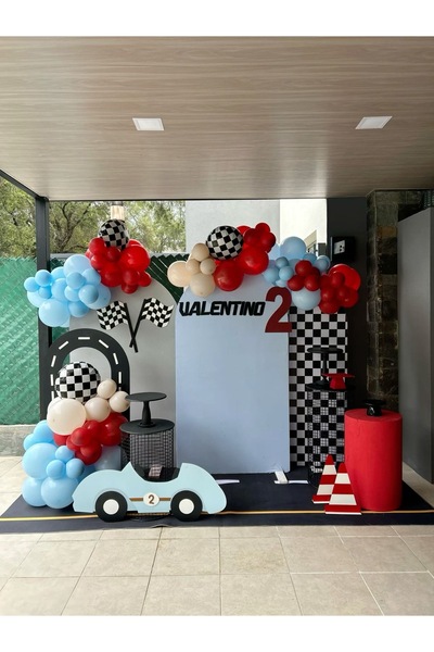 MERİ PARTİ Yarış Arabası Konsept Balon Seti – Damalı Bayraklı Kırmızı Mavi Ba...