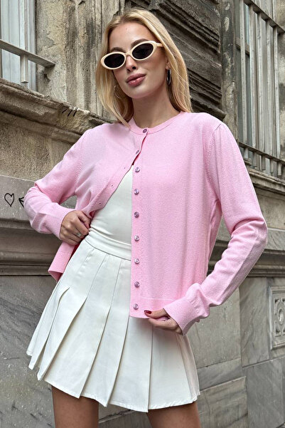 bacc Women's Pink Crew Neck Buttoned Knitwear Cardigan Bchzck-251267