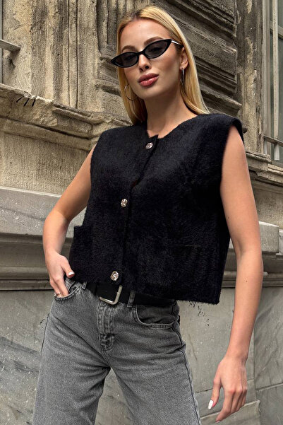 bacc Women's black double pocket gold button soft vest blouse bchzck-251262