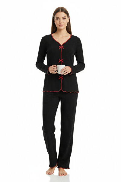RUKOD Premium Women's 4-Piece Corded Fabric Set – Black Red Piped (Pajama Top...