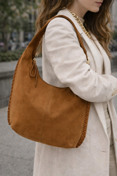 Tasarım Women's Tan Suede Shoulder Bag – Casual Bag with Knitted Detail