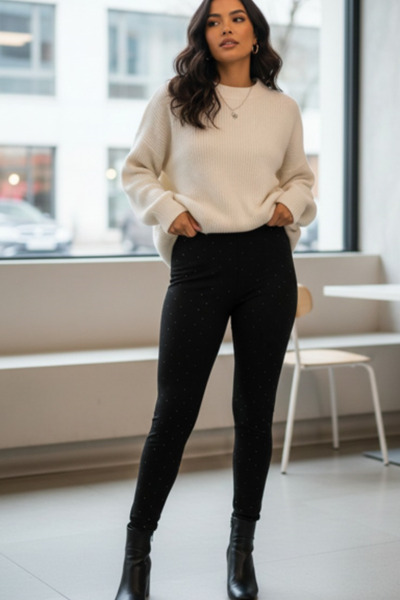 kikiriktekstil Colanți negri cu talie înaltă, cu detalii din piatră strălucit...