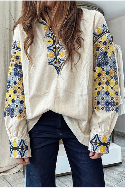 FEMELLE Beige Ethnic Embroidered Mock Neck Oversized Women's Blouse