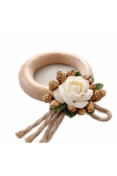EL YAPIMI Set of 6 Rustic Gold and White Floral Napkin Rings |   Wooden Table...