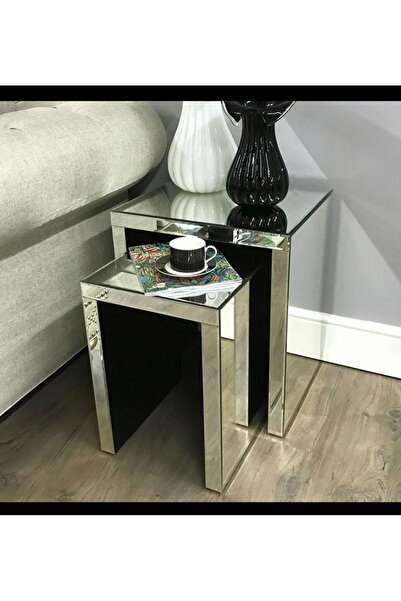 LUXURY VİLLA LUXURY KOMPLE GÜMÜŞ AYNALI TEKERLEKLİ 2 Lİ ZİGON SEHPA