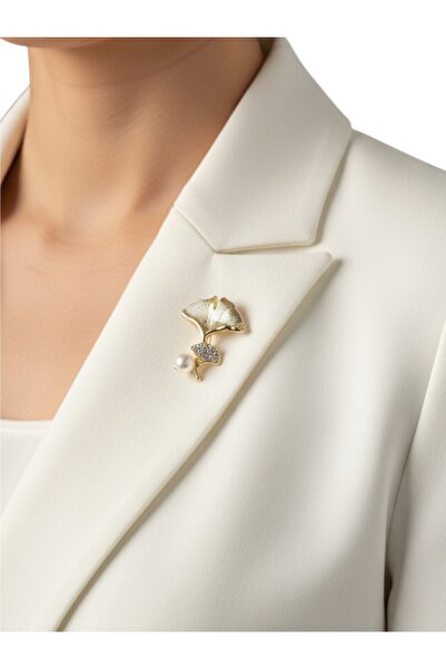 modamira İnci ve Taş Detaylı Altın Rengi Ginkgo Yaprak Broş | Boy:4cm