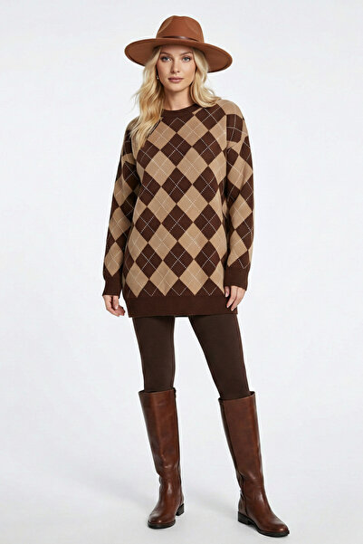 ABAY GİYİM Kadın Küçük Baklava Desenli Triko Tunik Kazak Bisiklet Yaka Uzun K...