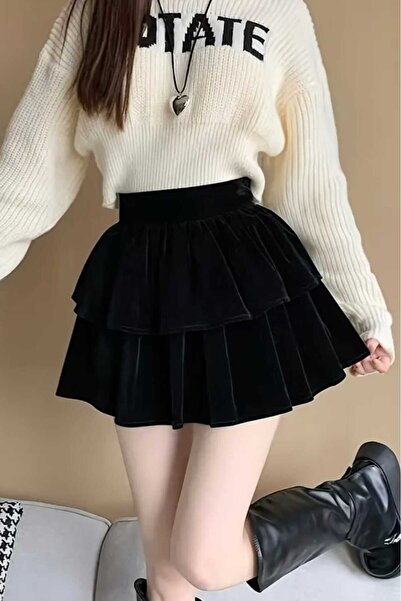 Yenicici Дамска мини пола от кадифена материя с двойна подплата и набори