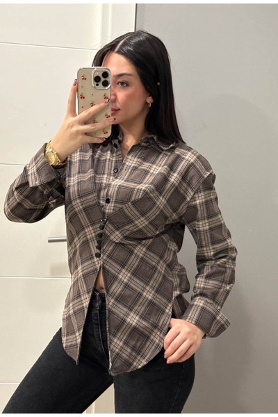 bahoshe Kahve Rengi Bej Asimetrik Kesim Vatkalı Ekose Gömlek