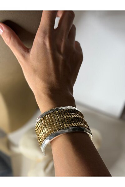 3B AKSESUAR Metal Gold Pullu Kelepçe Bileklik