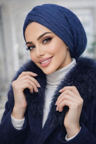 Aişe tesettür Ναυτικό μπλε πλεκτό καπέλο με κορδόνι περίσφιξης