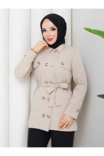 NURSİDA معطف نسائي من القماش بأزرار وحزام