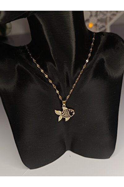 AKSESUARIM Kadın Gold Renk Pullu Zincirli Balık Kolye