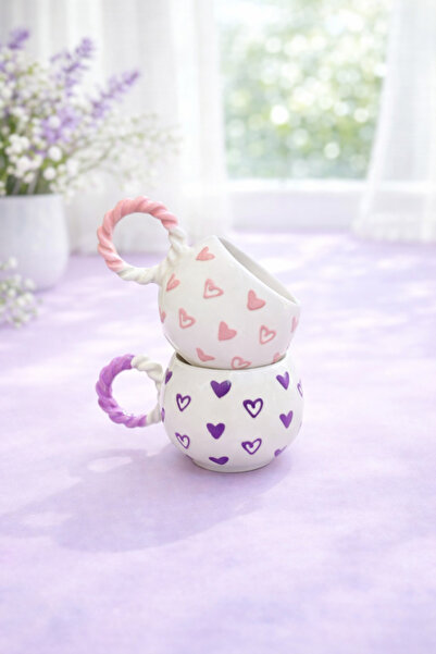 SırART 2' Li Baloncuk Knitted Handle Purple - Pink Small Heart Patterned Spec...