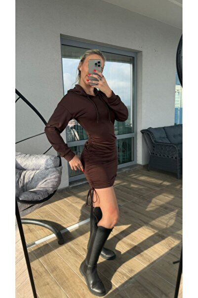 Fav Style Women's Hooded Skirt Shirred Long Sleeve Mini Dress Brown