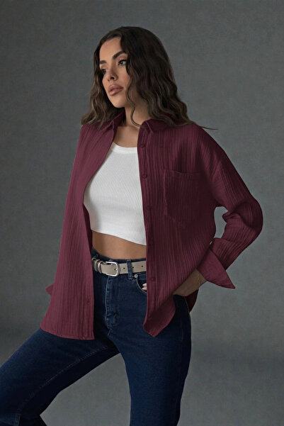 Lusin Women's Plum Muslin Fabric Premium Long Sleeve Solid Color Shirt with P...