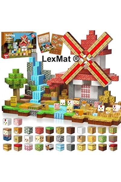 LexMat Cuburi de Constructie Magnetice Moara si Ferma Pixelate, 150 Piese pen...