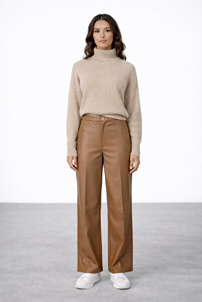 Lighter Jeans Γυναικείο ψηλόμεσο φαρδύ παντελόνι από συνθετικό δέρμα σε καφέ ...