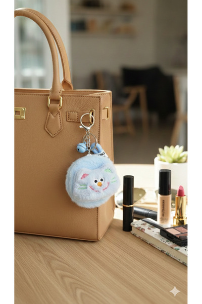 Şirin Aynalı Peluş Kedi Figürlü Anahtarlık -Makyaj Aynası ve Çanta Aksesuarı