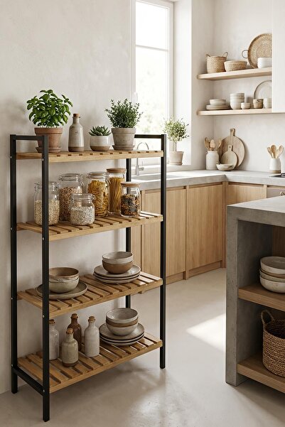 Exent Dekoratif Doğal Ahşap, 4 Katlı Çok Amaçlı Mutfak Organizeri Düzenleyici...