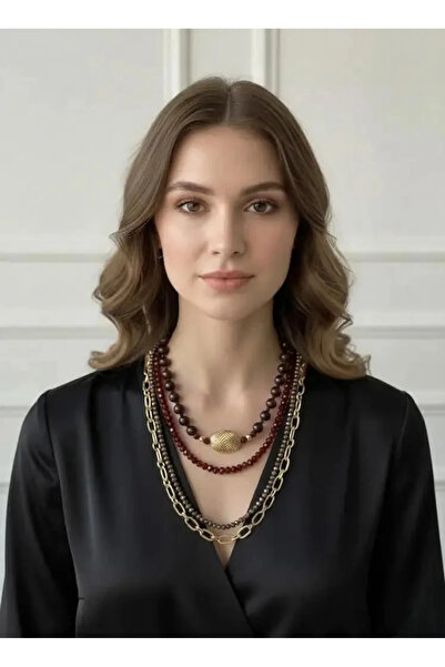 Dorvina Multi Bead and Steel Chain Necklace Burgundy Gold Detailed Special De...