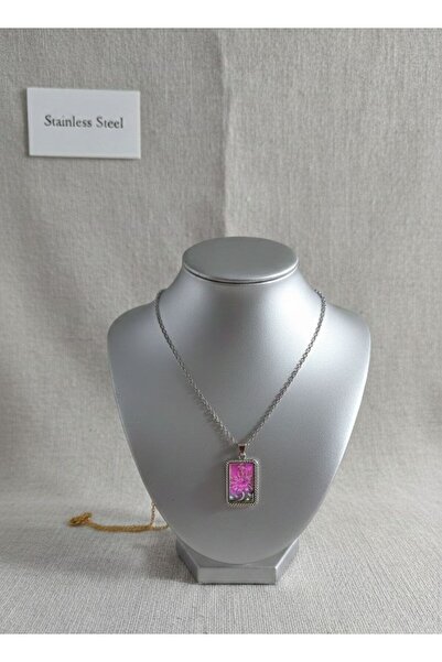 OBLİVİON Paslanmaz Çelik Pembe Taşlı Dikdörtgen Kolye – Stainless Steel Kadın...