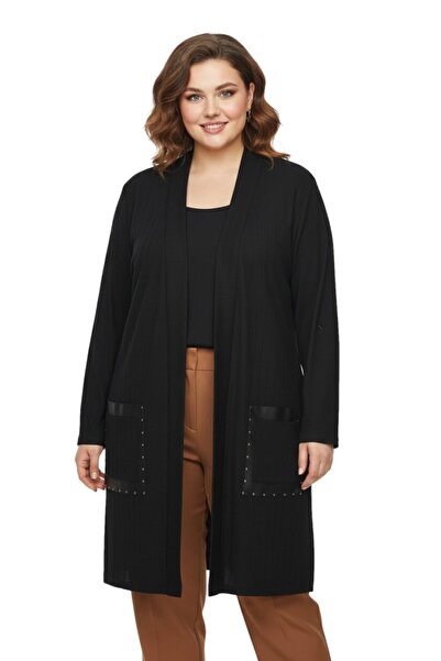 papilla Women's Black Long Cardigan Leather-Look Pocket Detailed Bgl-St05192