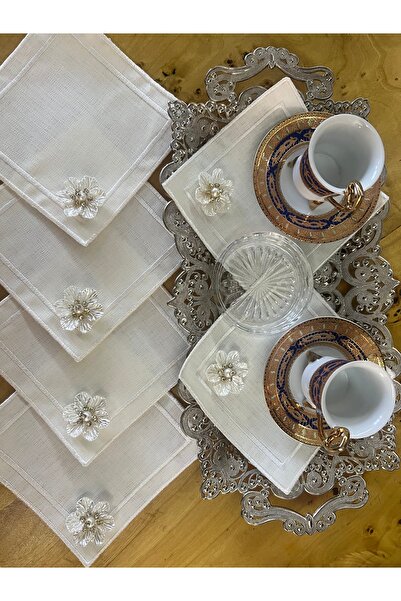 MİNOZA 6 Pieces of Embroidered Stain-Resistant Linen Gardenia Fabric Cocktail...