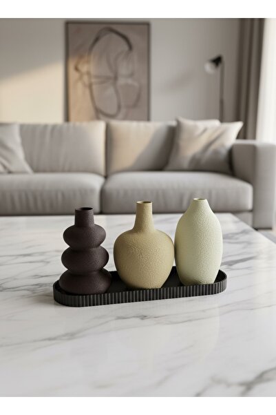 Devotech Set of 3 Feathered Surface Decorative Vases with Trays |   Modern Li...