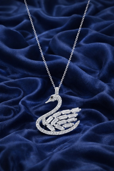 KAR DİAMOND 14 Ayar Altın Zincirli Rodyum Kaplama Zirkon Taşlı Kuğu Kolye Ser...