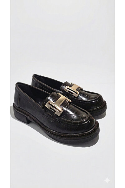 Noliva Kadın Siyah Cilt Tokalı Loafer Günlük Makosen Ofis Ayakkabısı