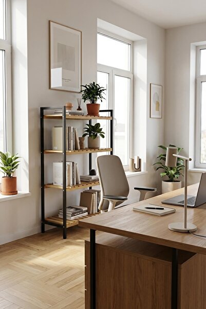 Exent 4 Katlı Metal Ofis Kitaplığı, Doğal Ahşap Raf, 4 Katlı Kitap Dosya Rafı...