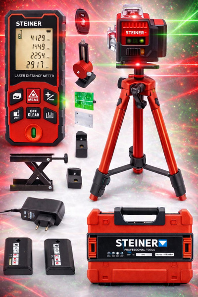 STEİNER Profesyonel 12 Köşe Yeşil Çizgi Lazer Otomatik Hizalama Çantalı + 50M...