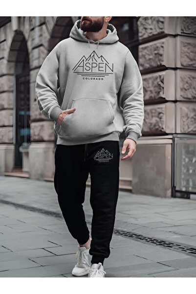 ibibik moda Sweatshirt Sweatpants Aspen Black Printed Tracksuit Set Hooded