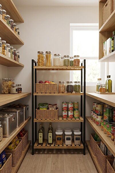 Exent Dekoratif Doğal Ahşap, 4 Katlı Çok Amaçlı Dolap, Mutfak dolabı, Kiler D...